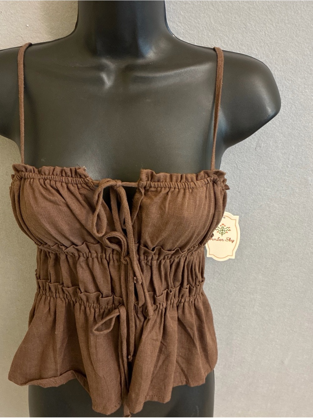Brown Ruched Spaghetti Strap Women's Top